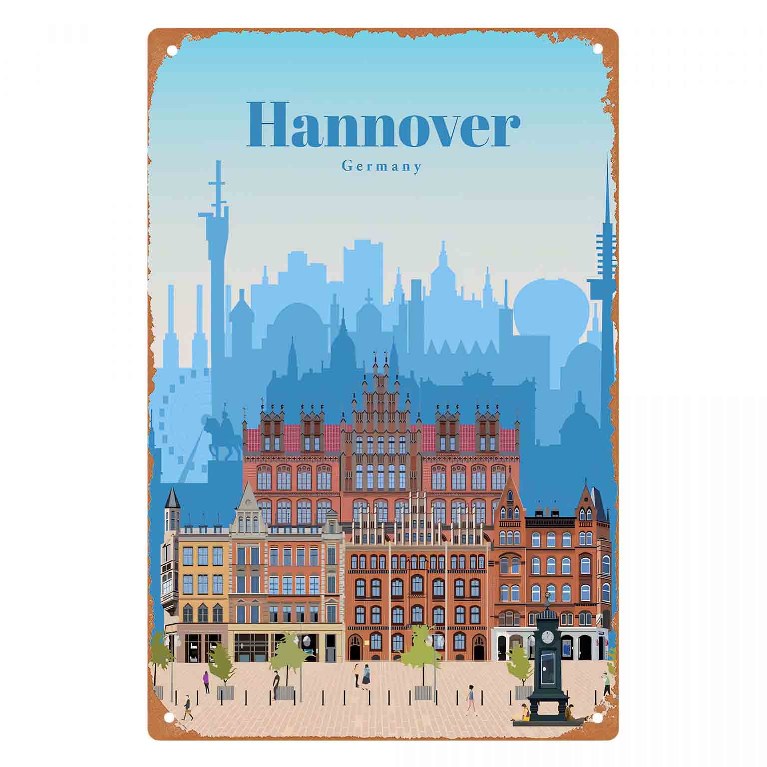 Germany Home Decor - 2D フラット 1 個「ハノーバー ドイツ都市風景」金属製壁掛けサイン装飾、ホームカフェ、ガレージ、寝室、ポーチ、庭用