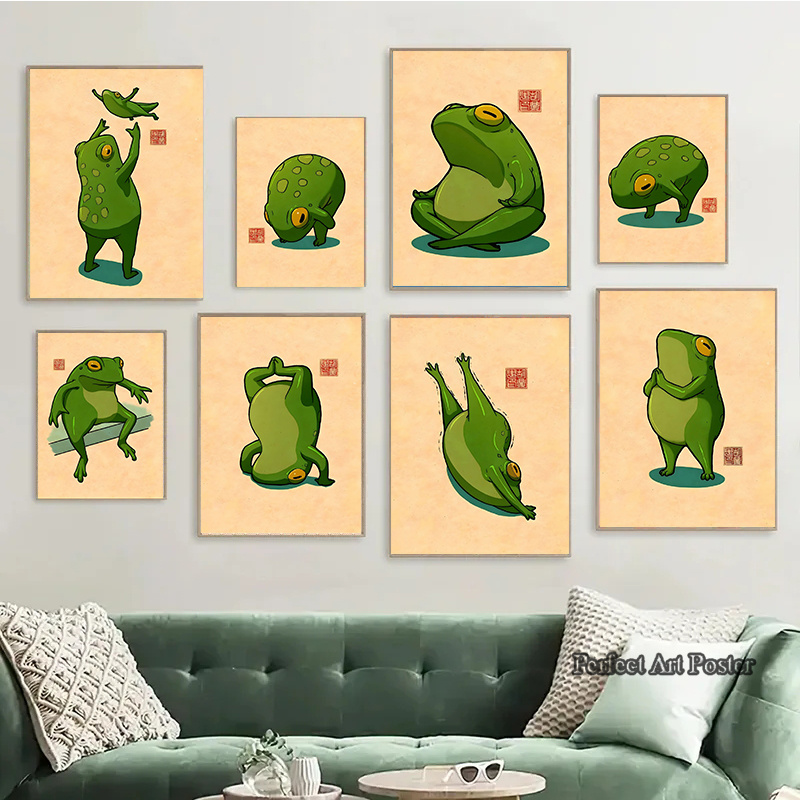 Home Decor Vietnam - 面白いかわいいカエルの記念ポスター、瞑想プリント、キャンバス絵画、壁アート、モダンな家の写真、カワイイルームの装飾、エクササイズポスター