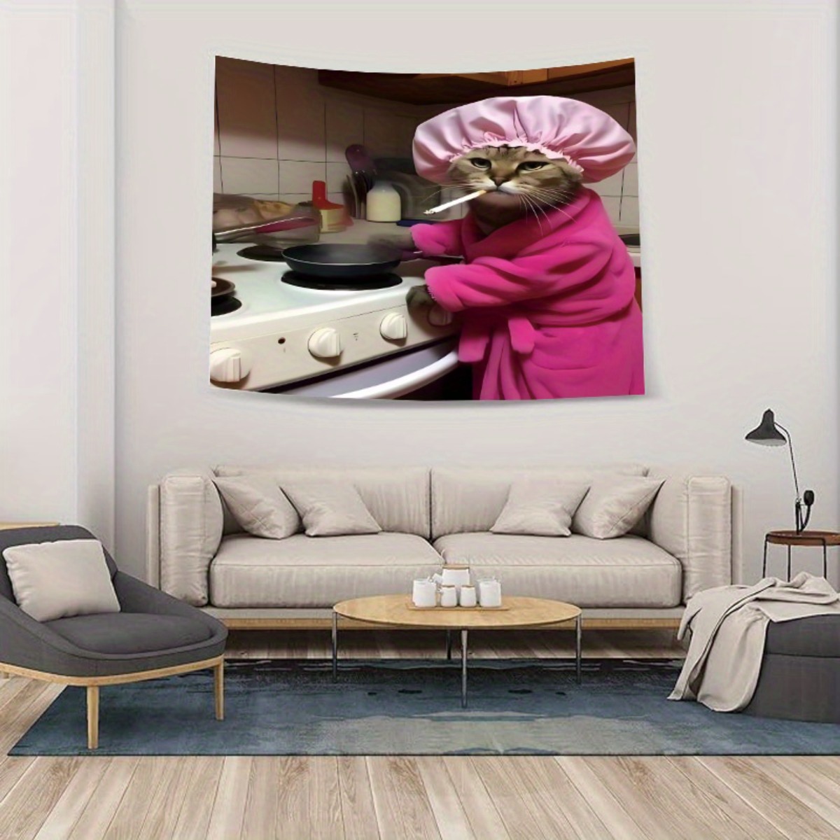Home Decor Minimalist Style - 猫シェフピンクローブ壁掛けタペストリー面白いキッチン装飾アートプリントホームリビングルームソファ背景モダンミニマリストスタイル
