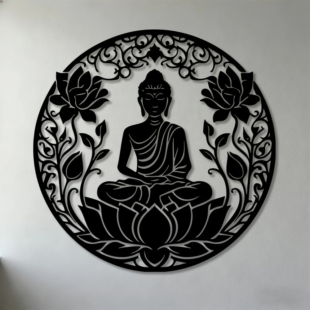 Home Decor Brand - ブランド2Dフラット仏陀蓮華曼荼羅メタルウォールアート瞑想鉄製装飾禅ミニマリストホームデコレーション