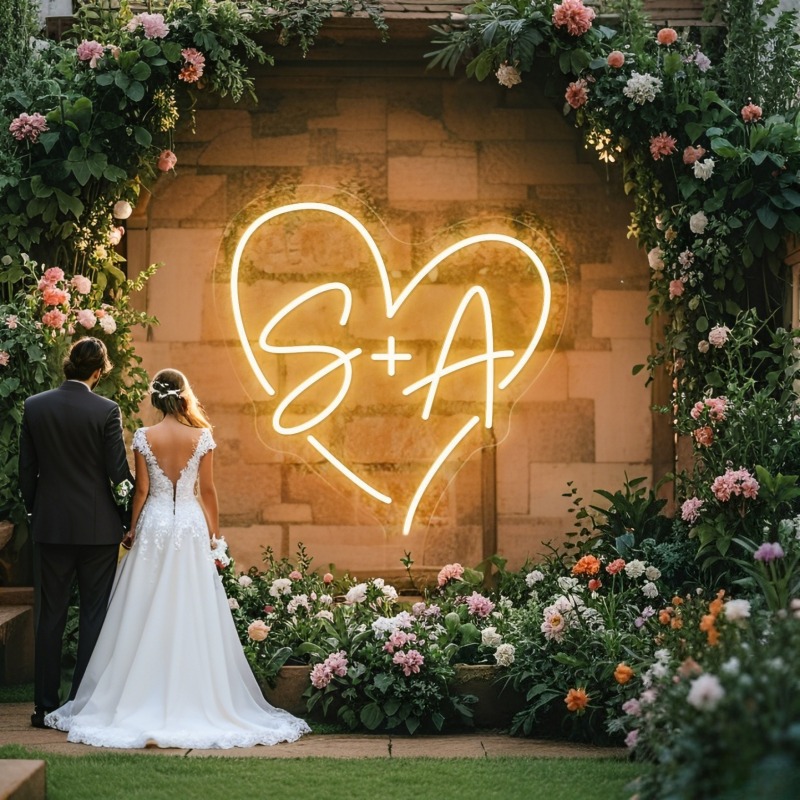 Home Decor For Wedding - カスタムイニシャルハートLEDネオンサイン、結婚式パーティーの背景、家の壁の装飾、カップルへのギフト用のパーソナライズされたネームネオンライト