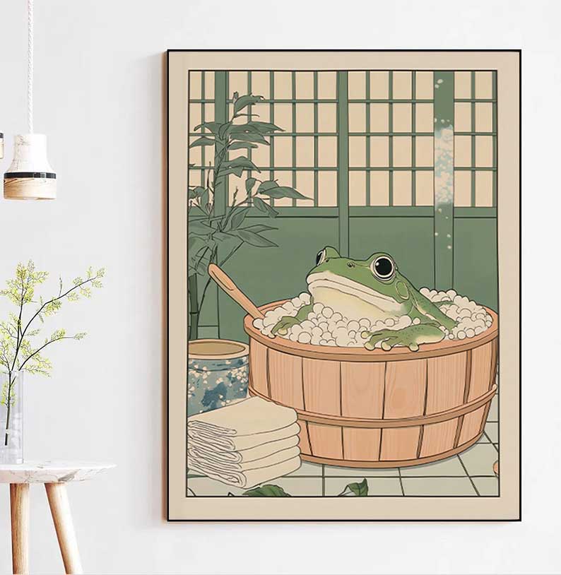 Home Decor Vietnam - 日本のカエルが浴槽にいるプリントポスター ヴィンテージ かわいい 楽しい 動物 キャンバス絵画