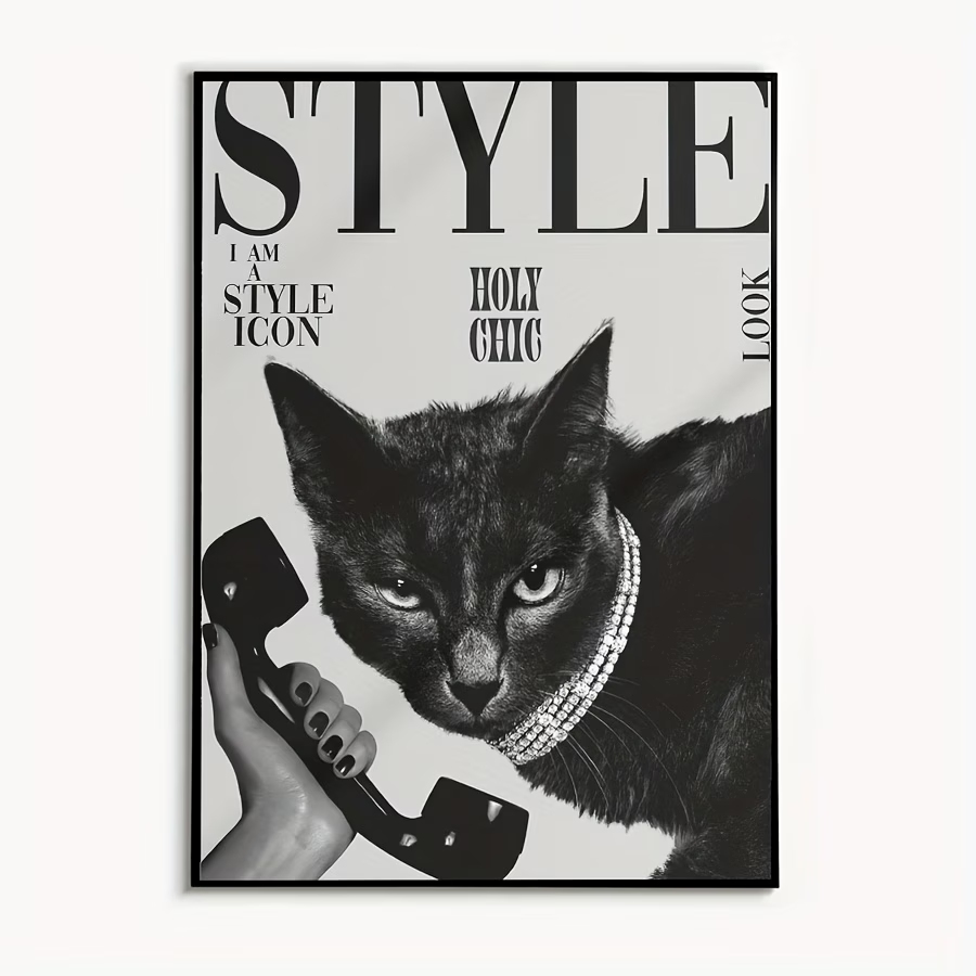 Home Decor Retro - レトロな黒猫が電話をかけたり受け取ったりするウォールアートプリントキャンバス絵画ポスター、リビングルーム、寝室の家の装飾に。