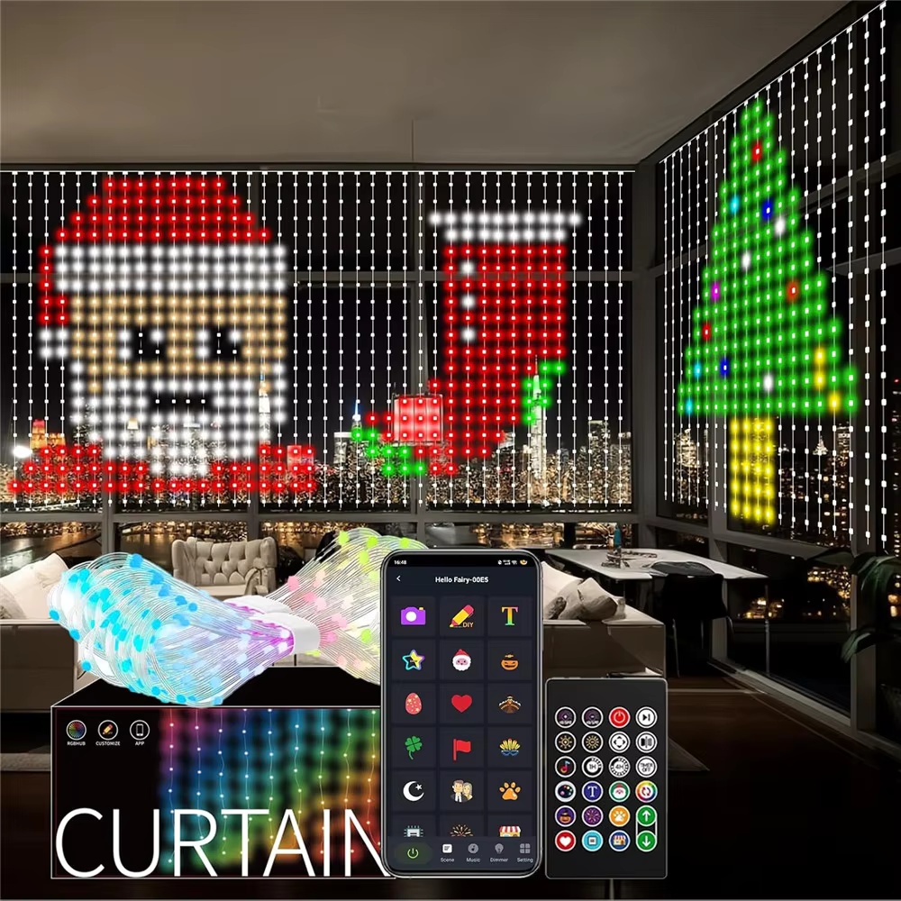 Home Decor Free App - スマートRGBピクセルカーテンライト Bluetoothアプリ制御 DIYテキストパターン プログラム可能なLEDカーテンストリングライト 音楽同期 リモコン付き