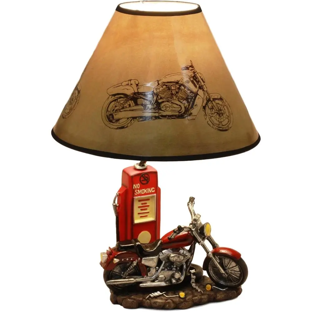 Home Decor Retro - ヴィンテージレトロな赤いオートバイのガソリンスタンド風デスクランプ、高さ19インチ、ルート66をテーマにした家の装飾アクセント