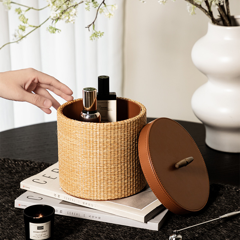 Home Decor Retro - レトロラタン収納ボックス ホームリビングルームデスクトップ化粧品雑貨装飾収納ボックス 収納バケツ 高級感