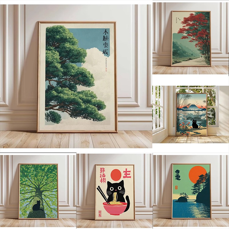 Home Decor Vietnam - レトロな日本の森と鯉の禅水彩画キャンバスポスター抽象的な太陽の波ウォールアート印刷、平和な家の装飾に