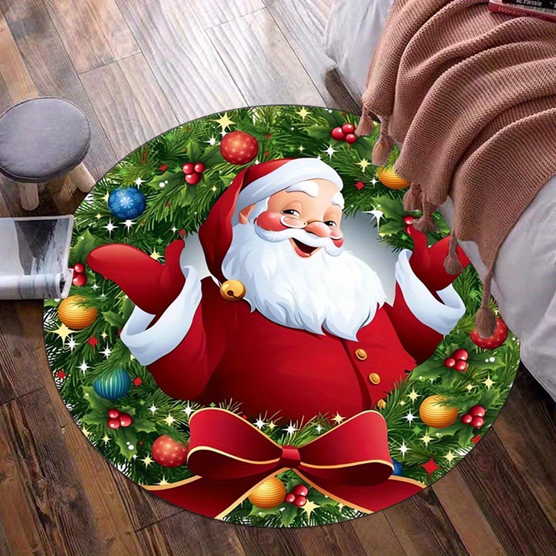 Home Xmas Decor Ideas - ラウンドクリスタルベルベットラグ サンタクロース クリスマスリース ホリデーテーマ フロアマット フェスティブクリスマスデコレーション