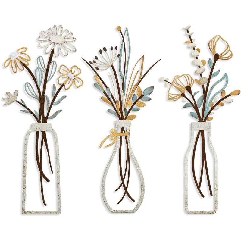 Home Decor Minimalist Style - 3 個の金属製の花の壁の装飾工芸品素朴なスタイルのミニマリストアートホームリビングルームバスルーム寝室創造性壁掛け