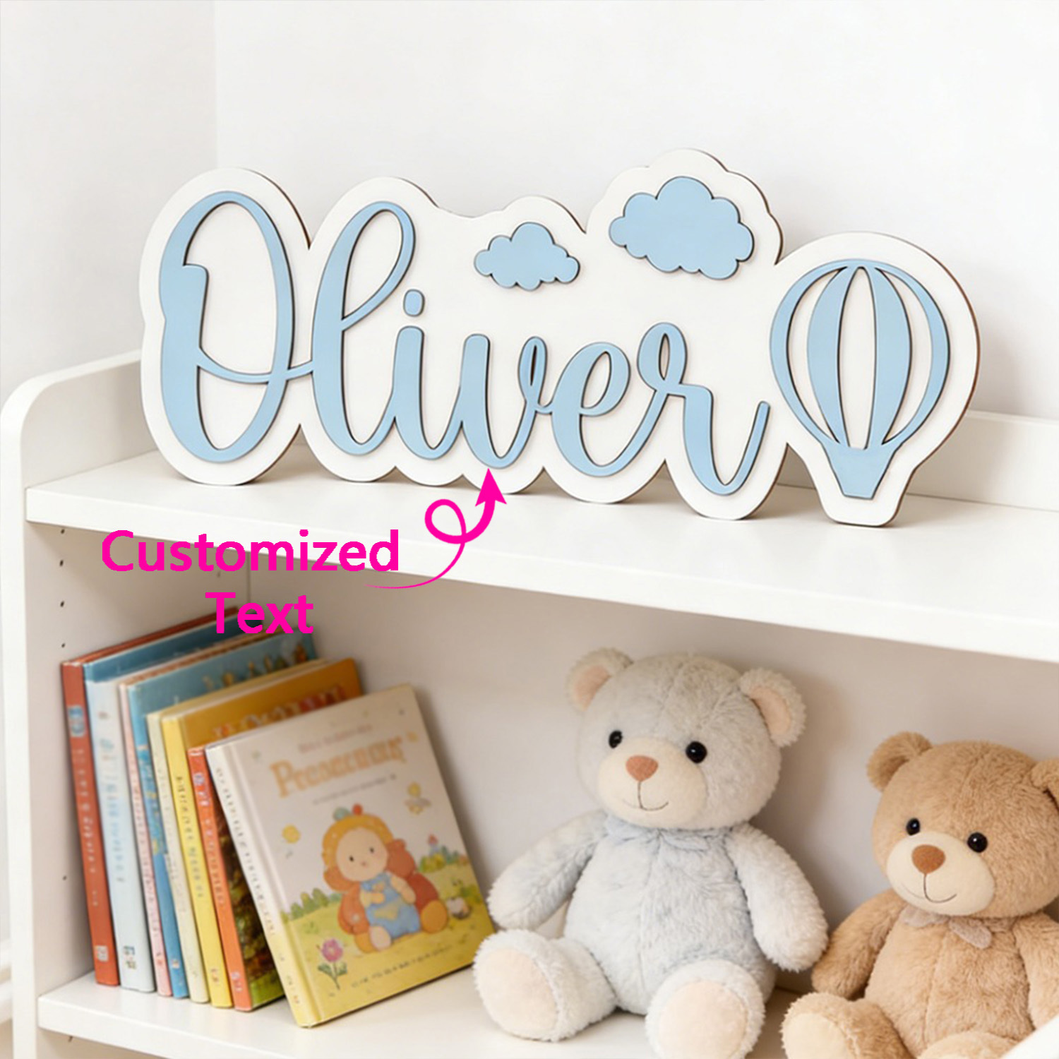 Home Decor For Wedding - パーソナライズされた熱気球と雲の名前入りルームサイン、カスタマイズ可能なパステルブルーの木製飾り板、保育園の寝室の装飾、素敵な贈り物