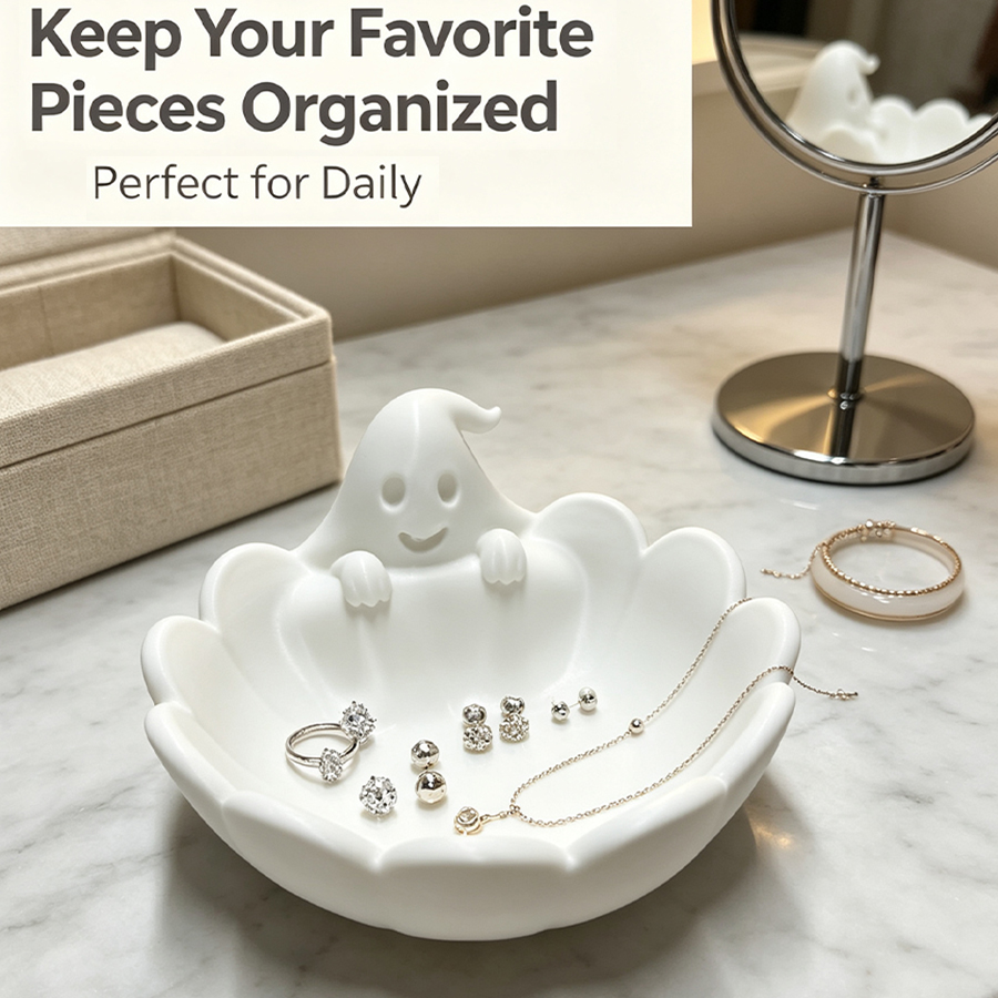 Home Decor Minimalist Style - マットホワイトの3Dキュートなゴースト型ジュエリートレイ、ゴーストフェイスのディテール、スカラップ型のエッジ、滑り止めデザイン、ジュエリーディッシュ、リング、イヤリング、ネックレス用の多機能オーガナイザー、小さなジュエリーのディスプレイと収納トレイ、ドレッシングテーブル、ベッドサイドテーブル、玄関、バスルーム、デスクトップの雑貨収納に最適な万能トレイ、北欧ミニマリストスタイル、ソフトマット仕上げ、滑らかでエレガントな質感、毎日のジュエリー収納と朝の必需品トレイ、自宅寝室のドレッシングテーブルデコレーション。