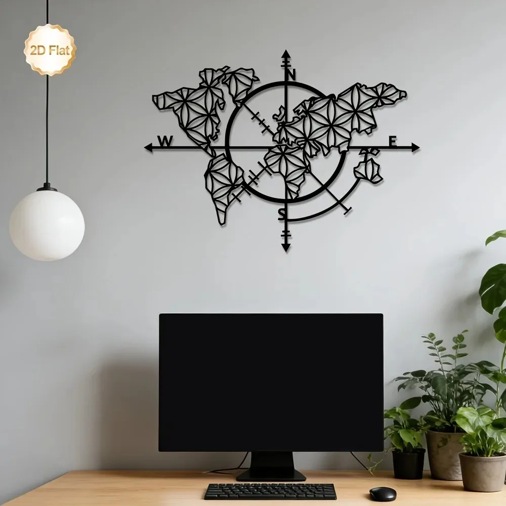 Home Decor Brand - ブランドメタルウォールアート 鉄製コンパス 世界地図彫刻 2Dフラット壁画装飾 リビングルーム 寝室