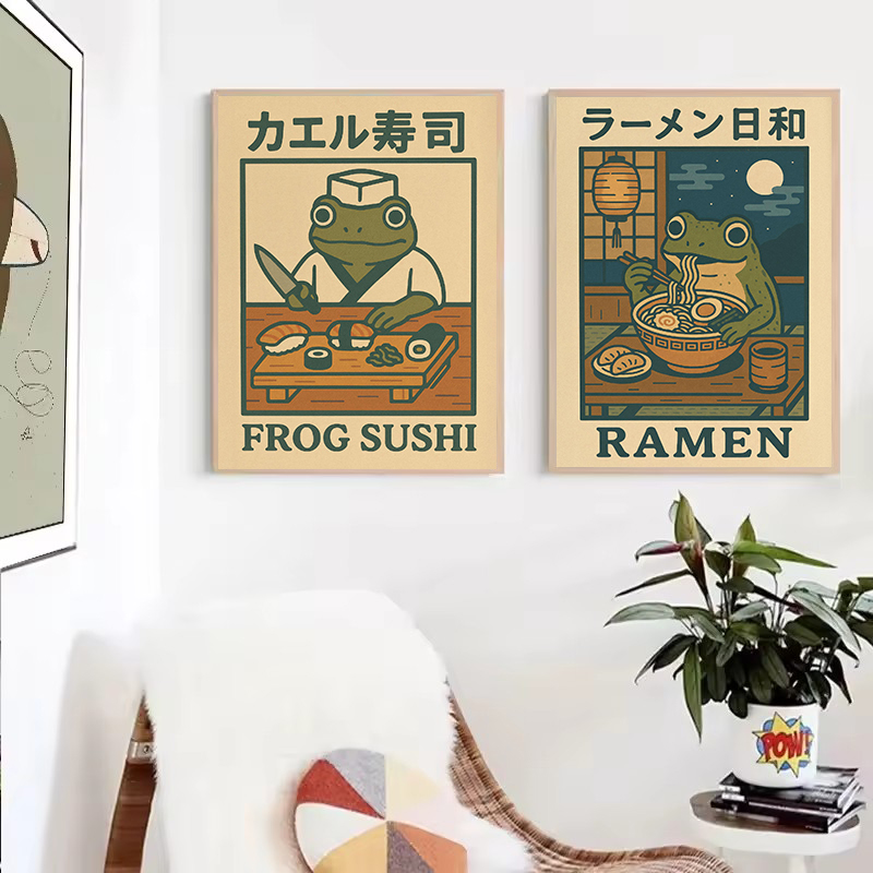 日本のレトロな面白いカエルが麺を食べるキャンバスプリントポス - Home Decor Vietnam のレビューと価格