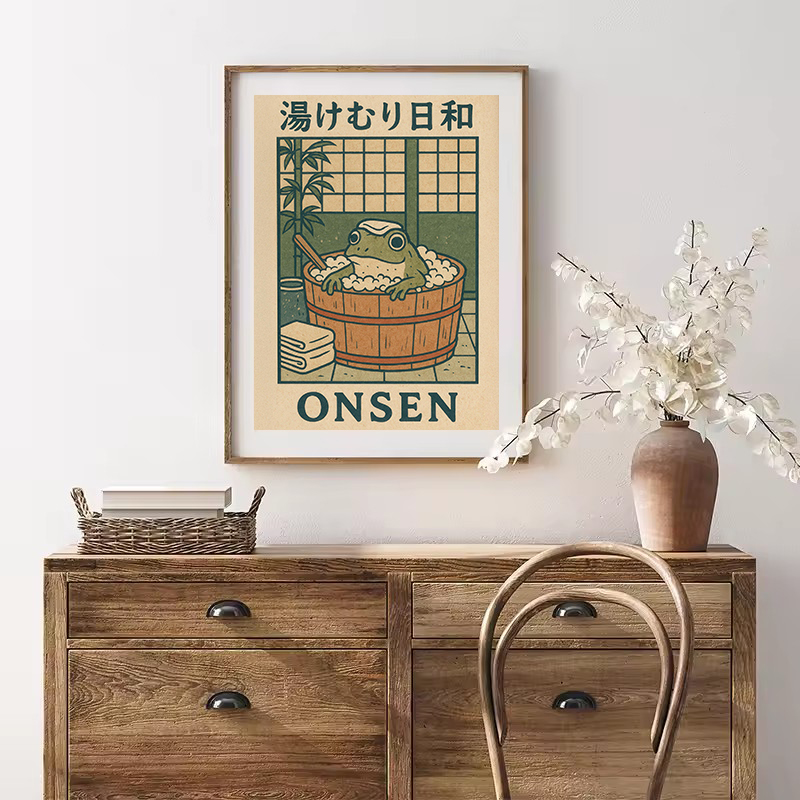 日本のレトロな面白いカエルが麺を食べるキャンバスプリントポス - Home Decor Vietnam のレビューと価格