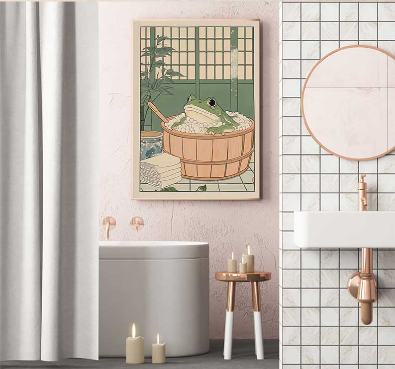 日本のカエルが浴槽にいるプリントポスター ヴィンテージ かわ - Home Decor Vietnam のレビューと価格