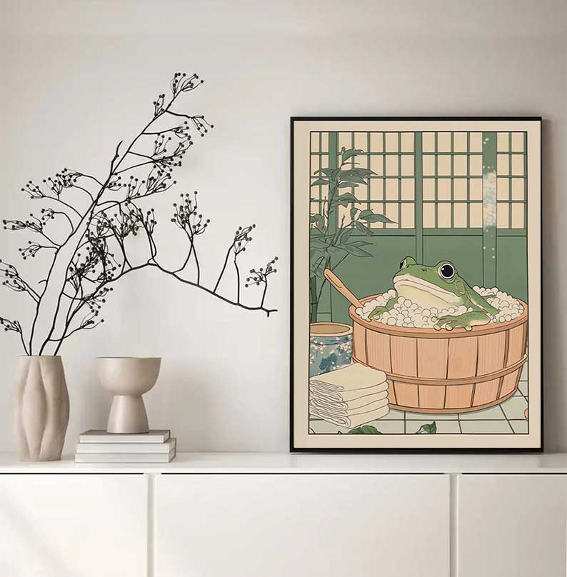 日本のカエルが浴槽にいるプリントポスター ヴィンテージ かわ - Home Decor Vietnam のレビューと価格