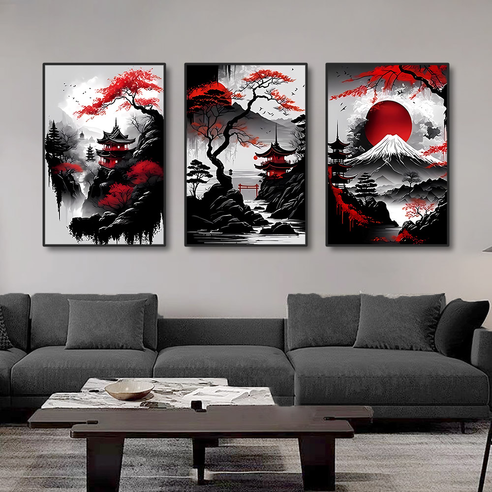 3 個ヴィンテージ和風自然風景壁アートキャンバス絵画オリエン - Home Decor Vietnam のレビューと価格
