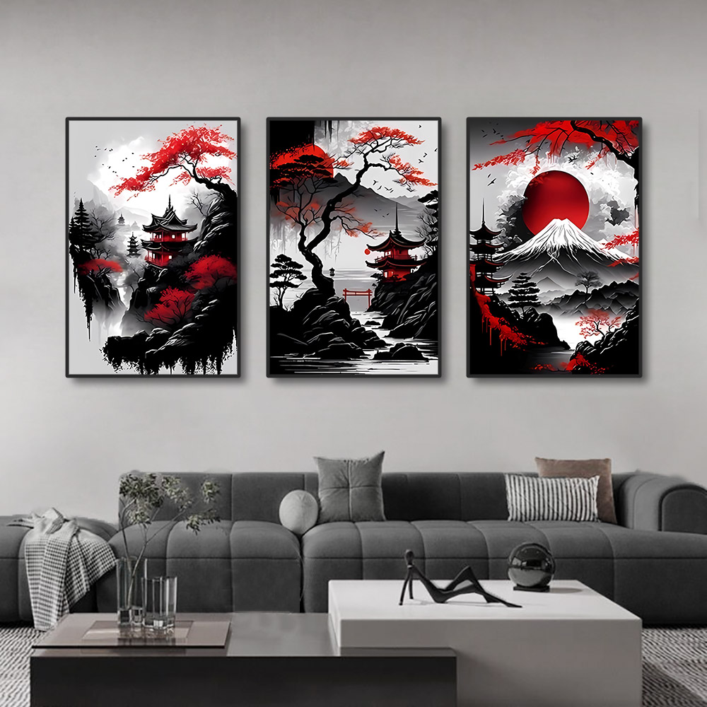 3 個ヴィンテージ和風自然風景壁アートキャンバス絵画オリエン - Home Decor Vietnam のレビューと価格