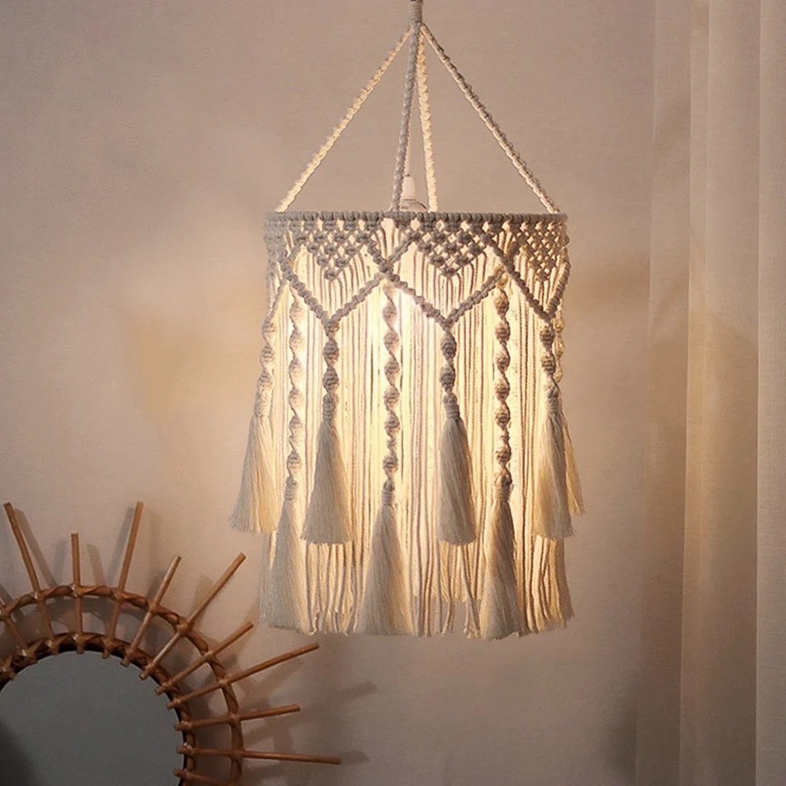 北欧スタイルの手織り綿ロープランプシェードボヘミアンホームス - Rope Light Decoration のレビューと価格
