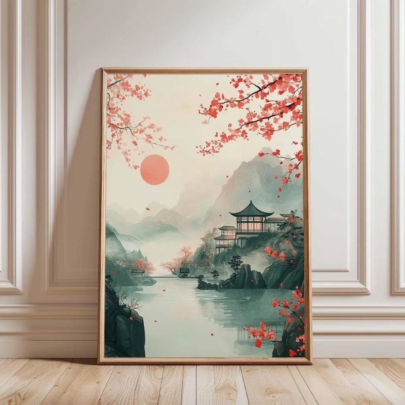 レトロな日本の森と鯉の禅水彩画キャンバスポスター抽象的な太陽 - Home Decor Vietnam のレビューと価格