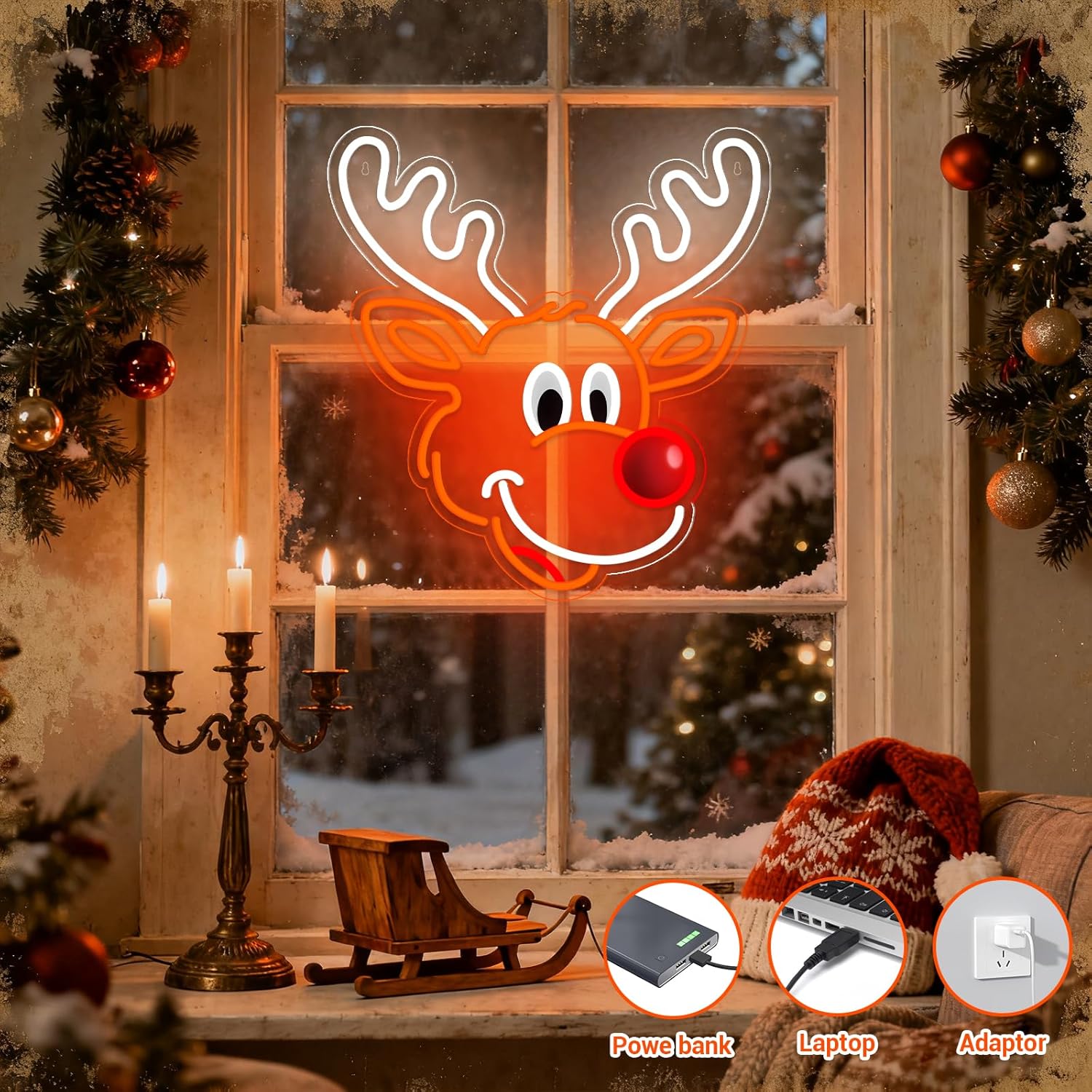 かわいいクリスマスのトナカイネオンサイン、赤い鼻のLEDライ - Home Xmas Decor Ideas のレビューと価格