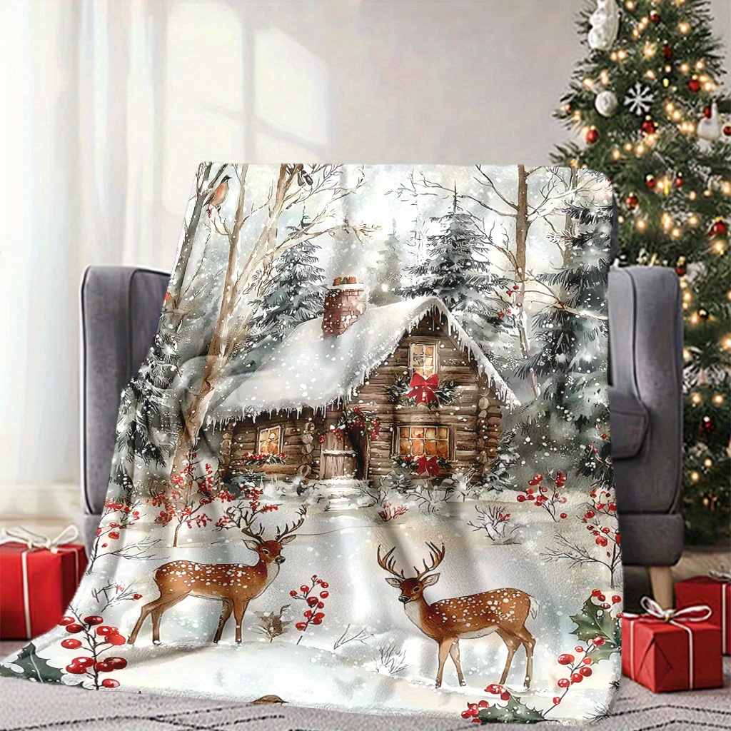 1枚 クリスマスシーズンの鹿柄ブランケット、キャビンと冬の森 - Home Xmas Decor Ideas のレビューと価格