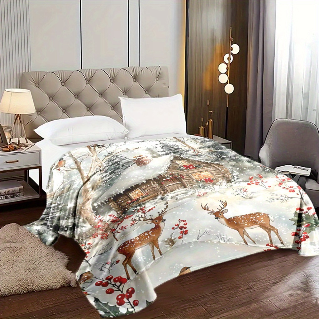 1枚 クリスマスシーズンの鹿柄ブランケット、キャビンと冬の森 - Home Xmas Decor Ideas のレビューと価格