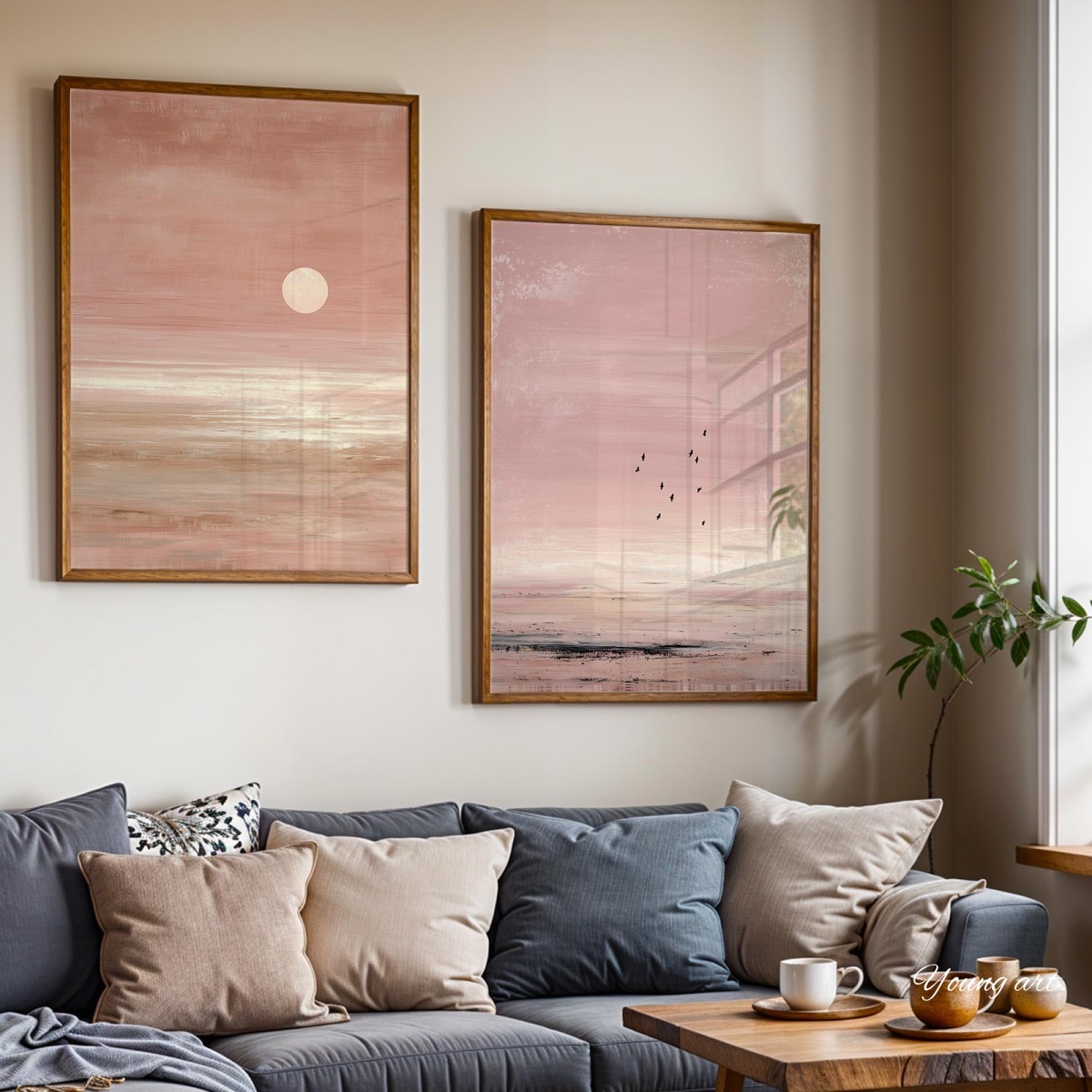 2 ピース/セット日本ピンクサンセット抽象キャンバスプリント - Home Decor Vietnam のレビューと価格
