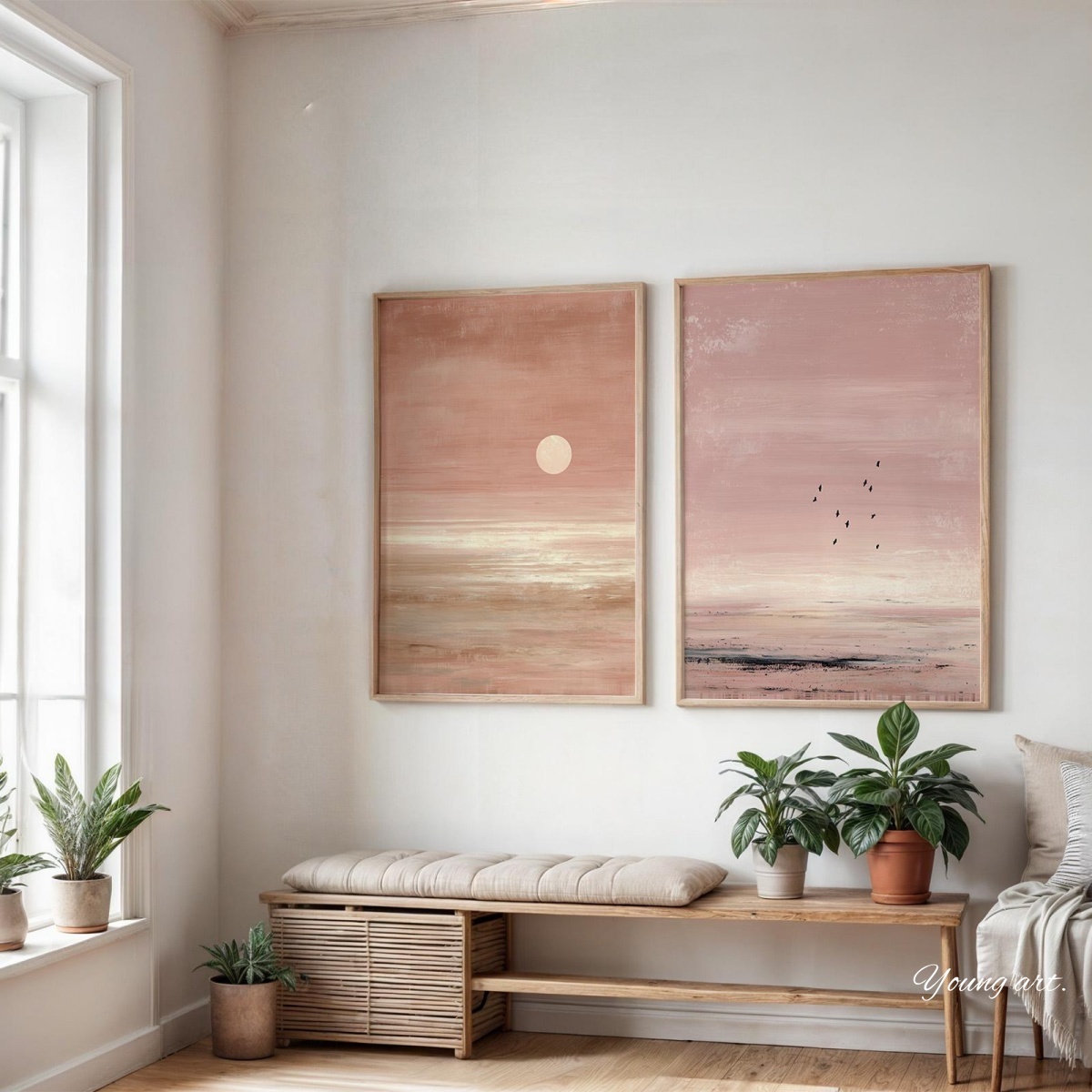 2 ピース/セット日本ピンクサンセット抽象キャンバスプリント - Home Decor Vietnam のレビューと価格