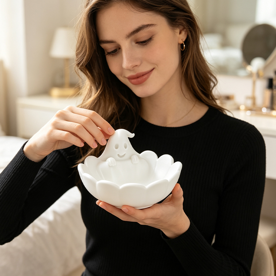 マットホワイトの3Dキュートなゴースト型ジュエリートレイ、ゴ - Home Decor Minimalist Style のレビューと価格